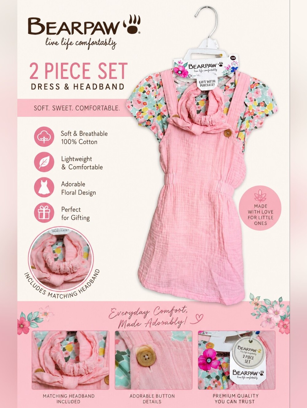 BearPaw Pink Floral Dress & Matching Headband Set